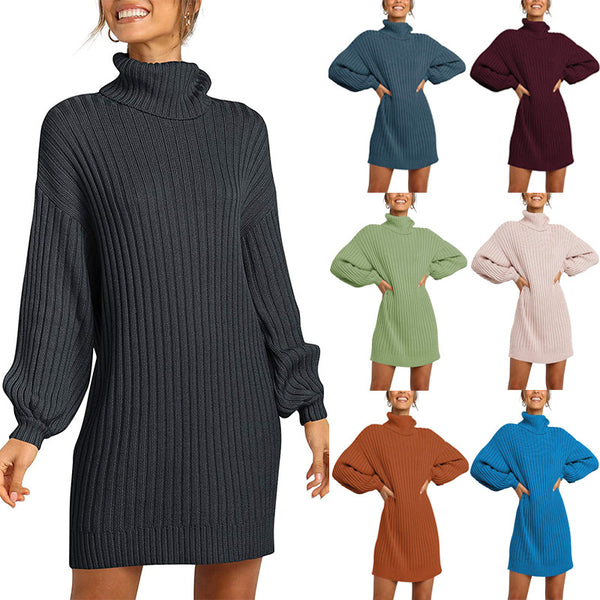 Versatile Women's High Collar Mid-length Dress Sweaters