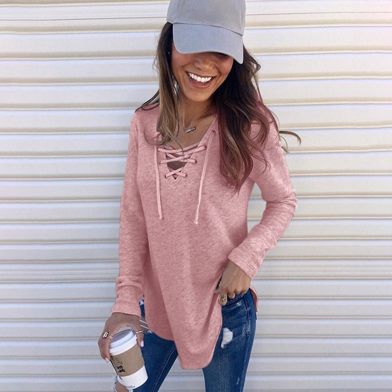 Comfortable Solid Color V-neck Loose T-shirt Tops