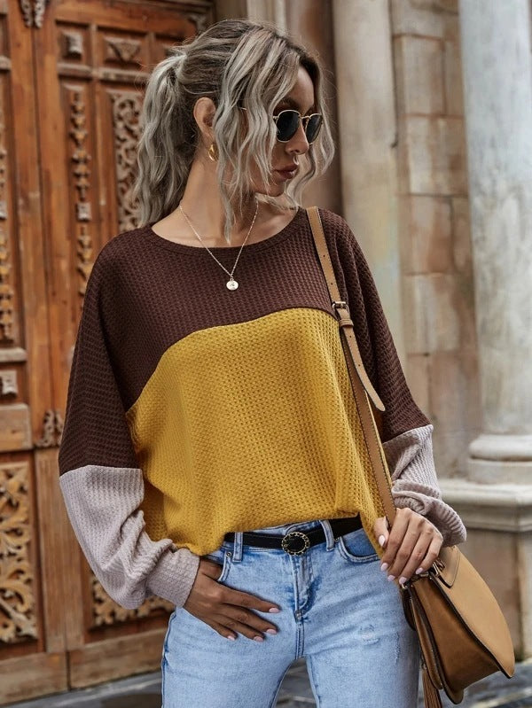 Women's Color Patchwork Long Sleeve Casual Tops