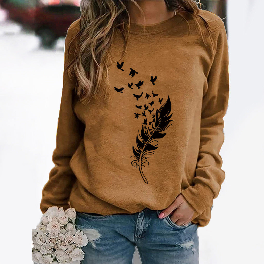 Feather Fun Pattern Printing Long Sleeve Sweaters