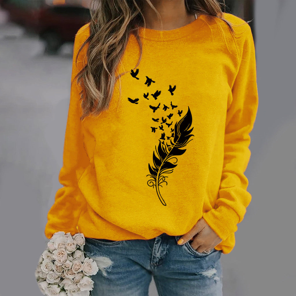 Feather Fun Pattern Printing Long Sleeve Sweaters