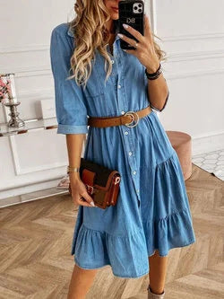 Denim Square Collar Patchwork Breasted Midi Dresses