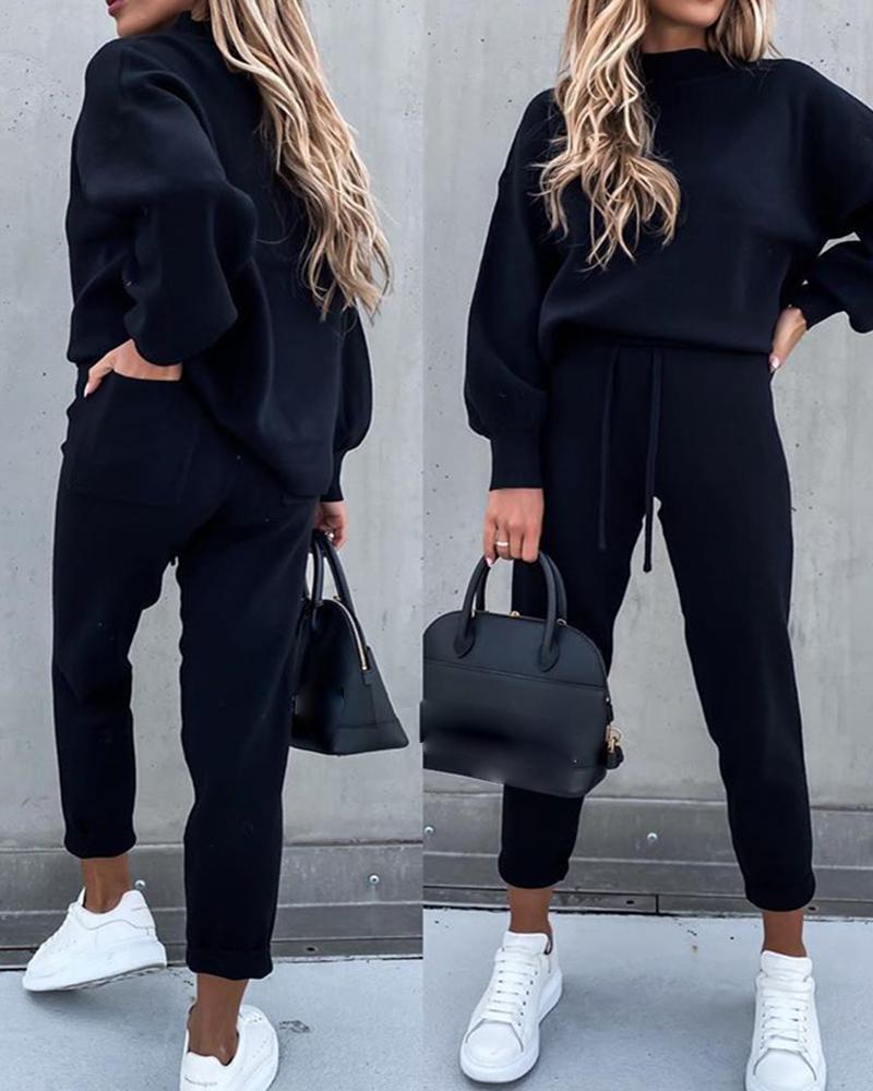 Women's Turtleneck Long-sleeved Pocket Trousers Casual Two-piece Suits