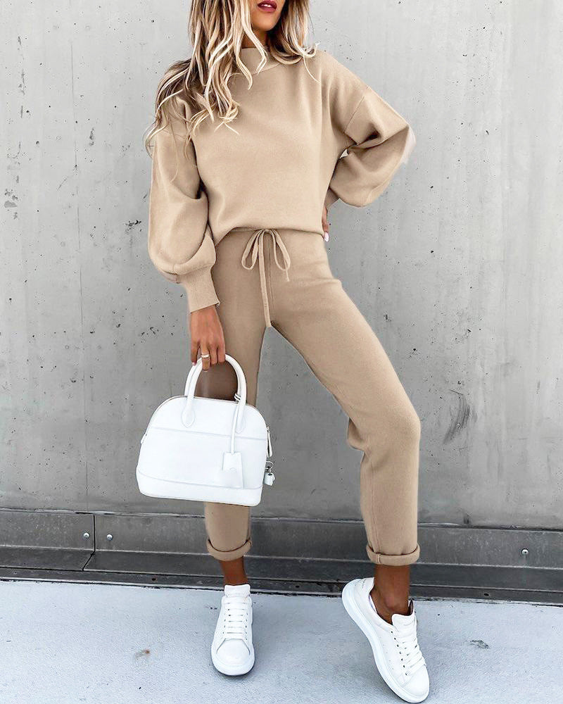 Women's Turtleneck Long-sleeved Pocket Trousers Casual Two-piece Suits