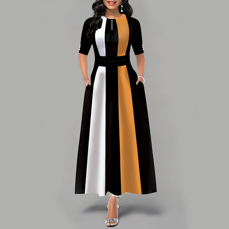 Women's Autumn Elegant Slim Color Contrast Long Dresses