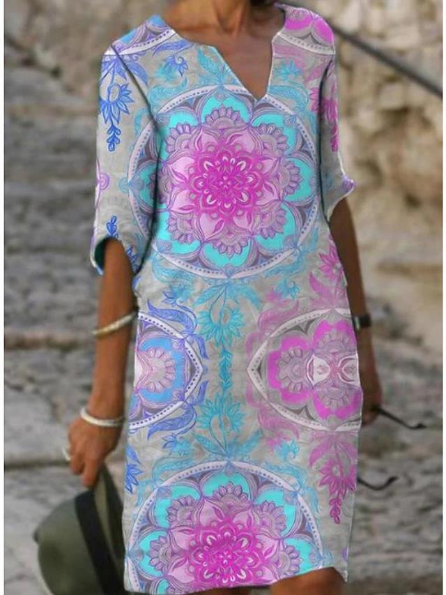 Women's Summer Printed Loose Bamboo Fiber Linen Floral Sleeve Retro Dresses