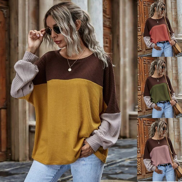 Women's Color Patchwork Long Sleeve Casual Tops