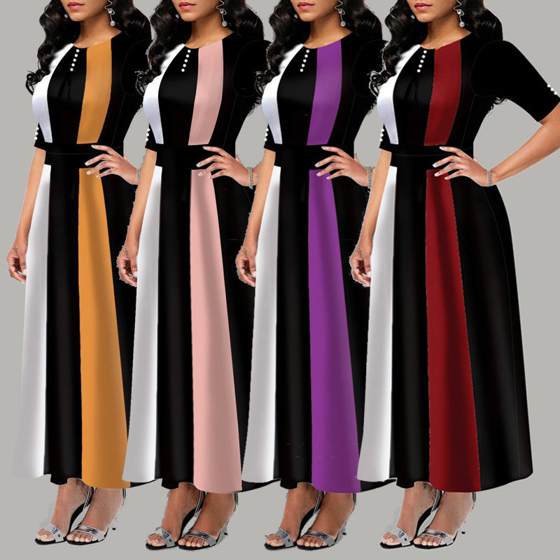 Women's Autumn Elegant Slim Color Contrast Long Dresses