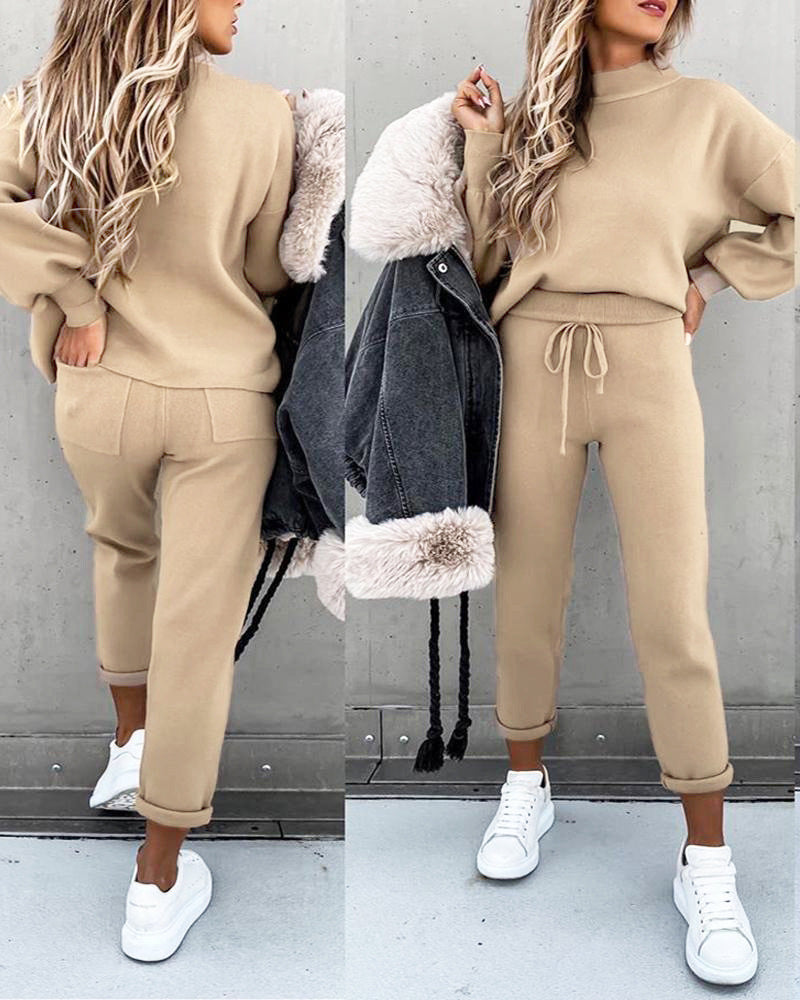 Women's Turtleneck Long-sleeved Pocket Trousers Casual Two-piece Suits