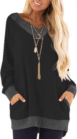 Color Pocket Long Sleeve Loose Pullover Sweaters