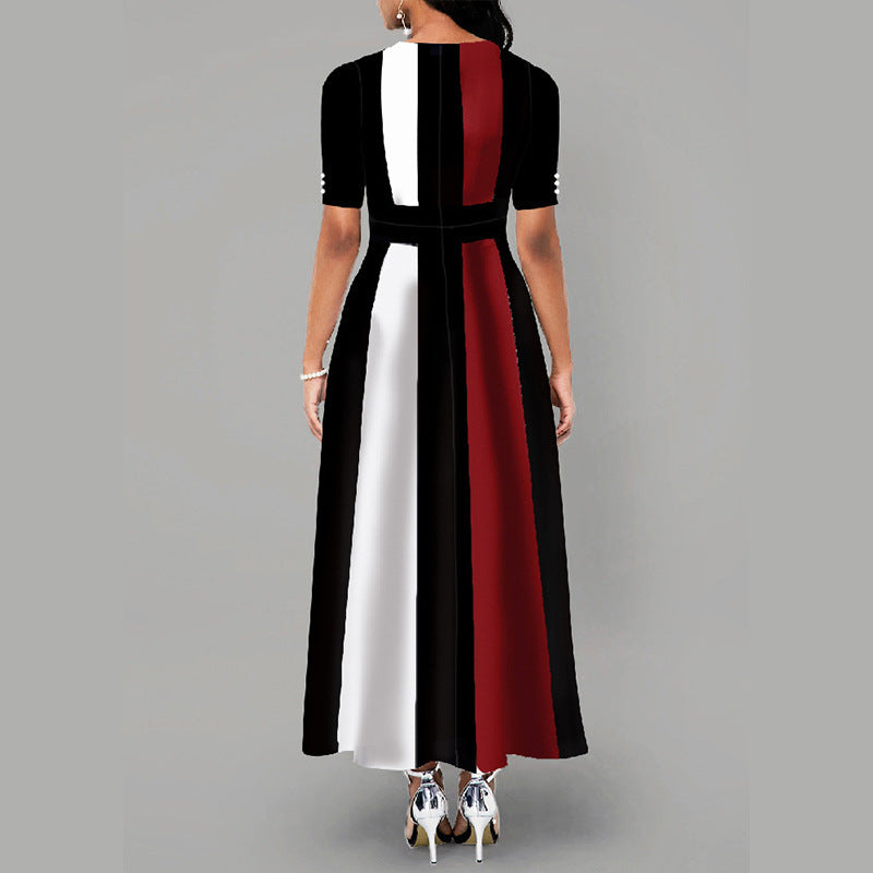 Women's Autumn Elegant Slim Color Contrast Long Dresses