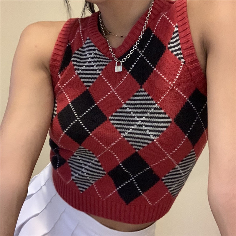 Women's Autumn Solid Color Plaid Dress Outer Sleeveless V-neck Tops