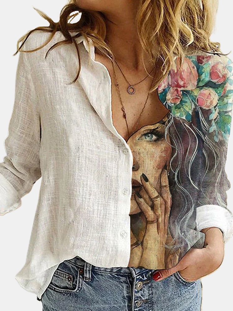 Women's Wear Loose Retro Digital Printing Long-sleeved Blouses