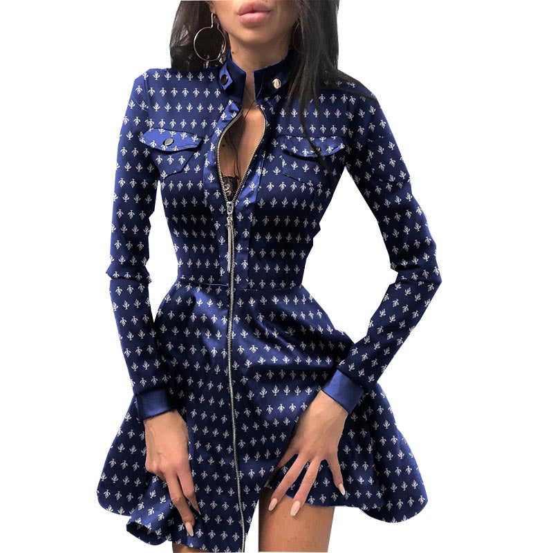 Women's Long Sleeve V-neck Zipper Pocket Dress Dresses