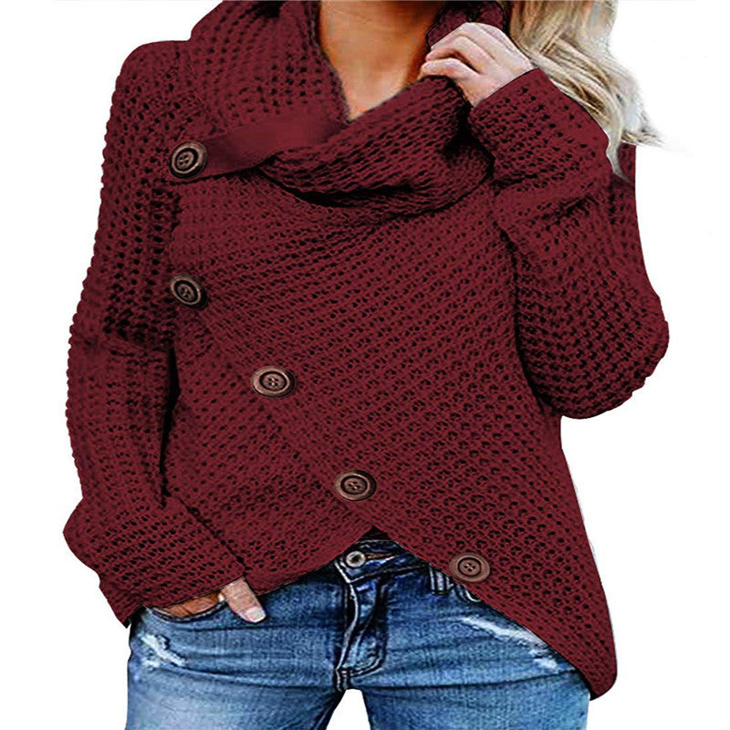 Women's Button Turtleneck Solid Color Long Sleeve Sweaters