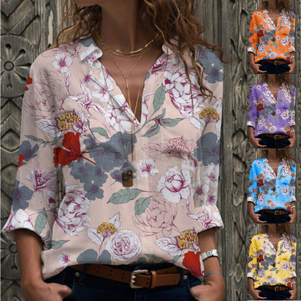 Women's Printed Long-sleeved Floral Loose Shirt Blouses