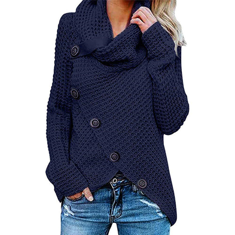 Pull à col roulé boutonné pour femme couleur unie à manches longues