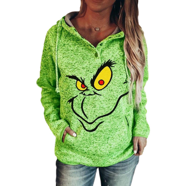 Damen-Pullover mit Grinch-Print und Kapuze, langen Ärmeln und Taschen