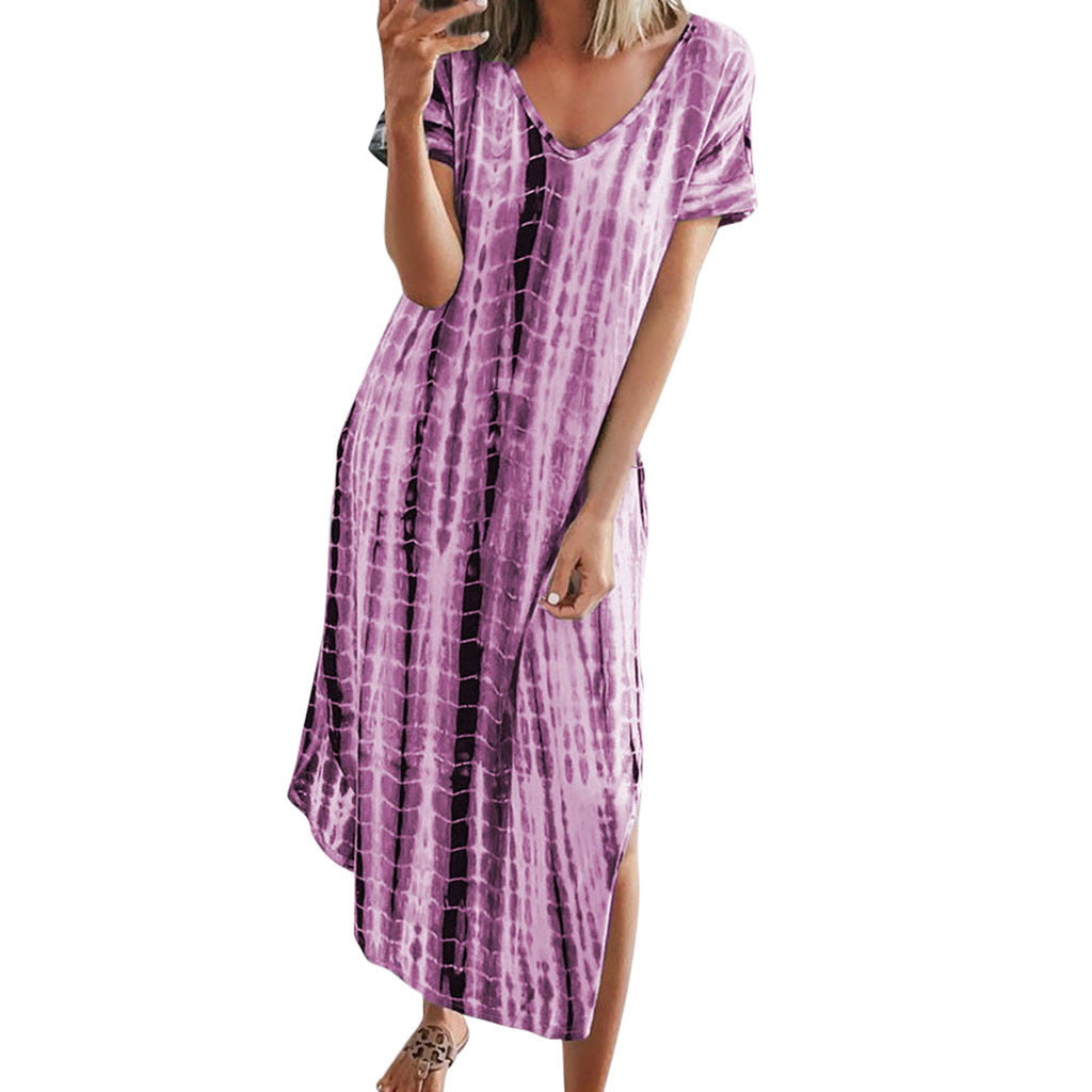 Women's Summer Printed Tie-dye Split V-neck Loose Dresses