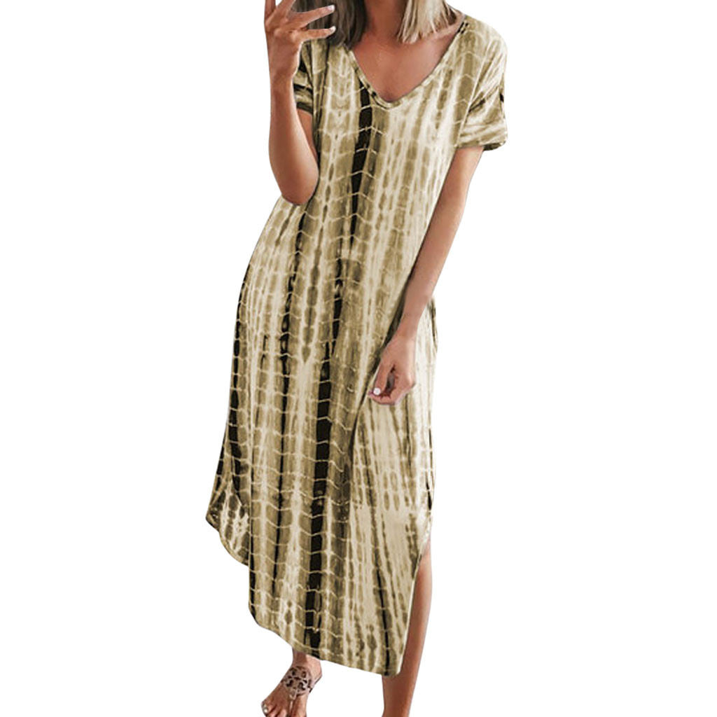 Women's Summer Printed Tie-dye Split V-neck Loose Dresses