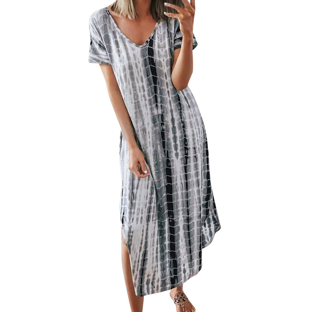 Women's Summer Printed Tie-dye Split V-neck Loose Dresses