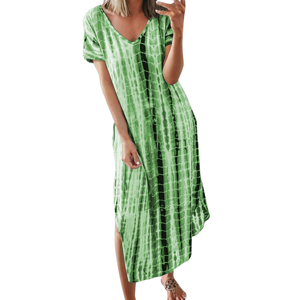 Women's Summer Printed Tie-dye Split V-neck Loose Dresses