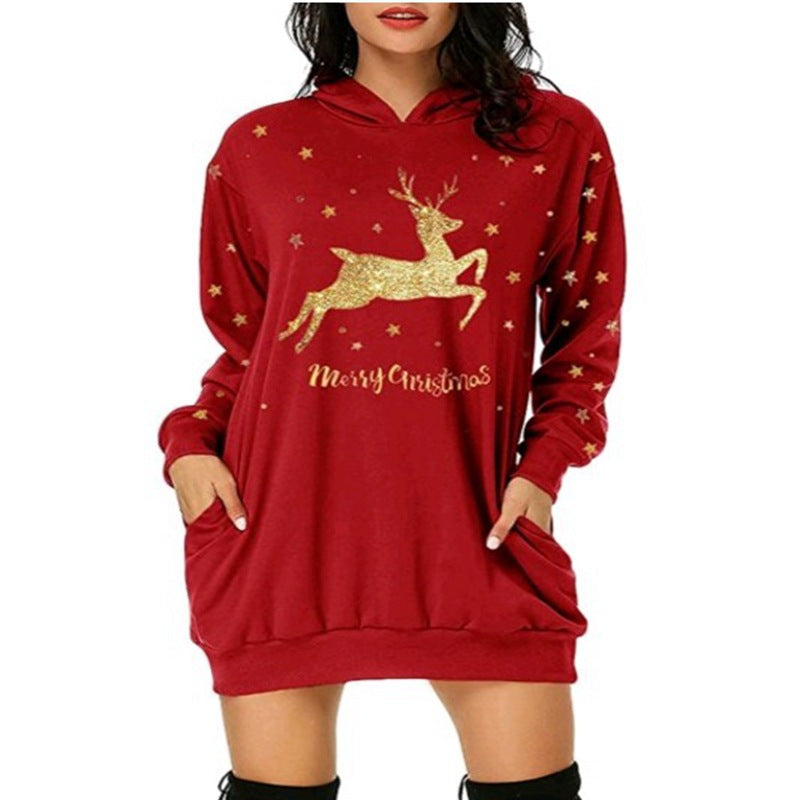 Women's Christmas Printed Mid-length Pocket Hooded Long Sweaters