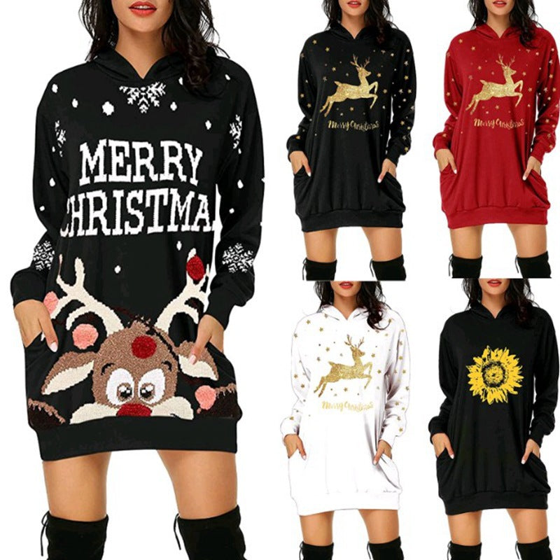 Women's Christmas Printed Mid-length Pocket Hooded Long Sweaters