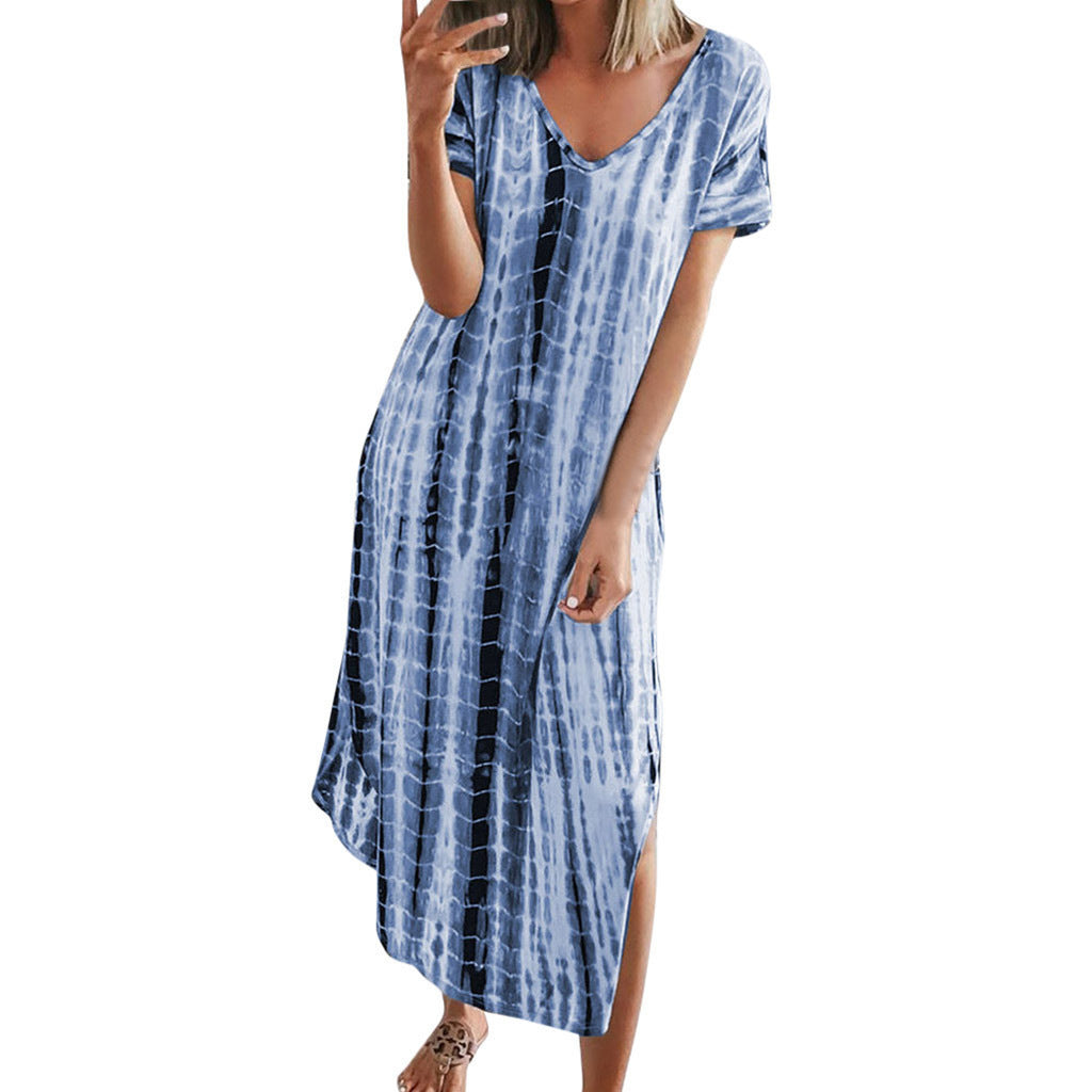 Women's Summer Printed Tie-dye Split V-neck Loose Dresses