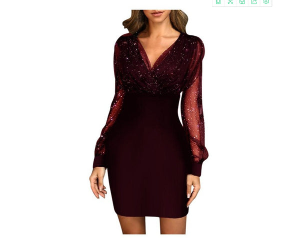 Mesh V-neck Sequined Slim-fit Sexy Dress Dresses