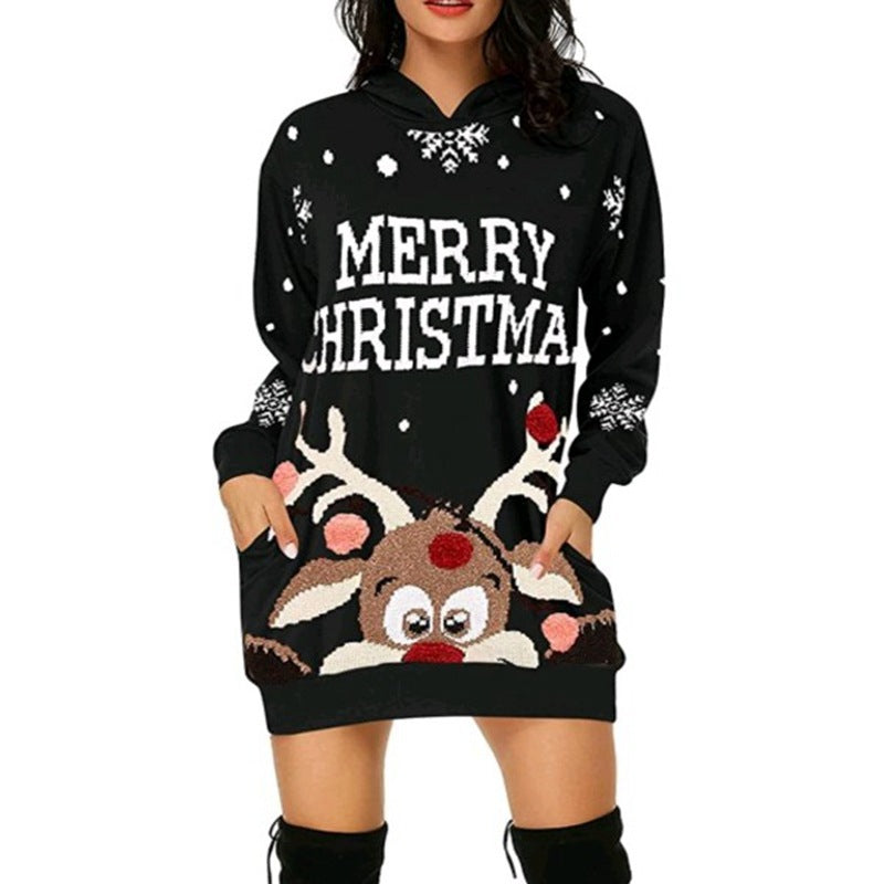 Women's Christmas Printed Mid-length Pocket Hooded Long Sweaters