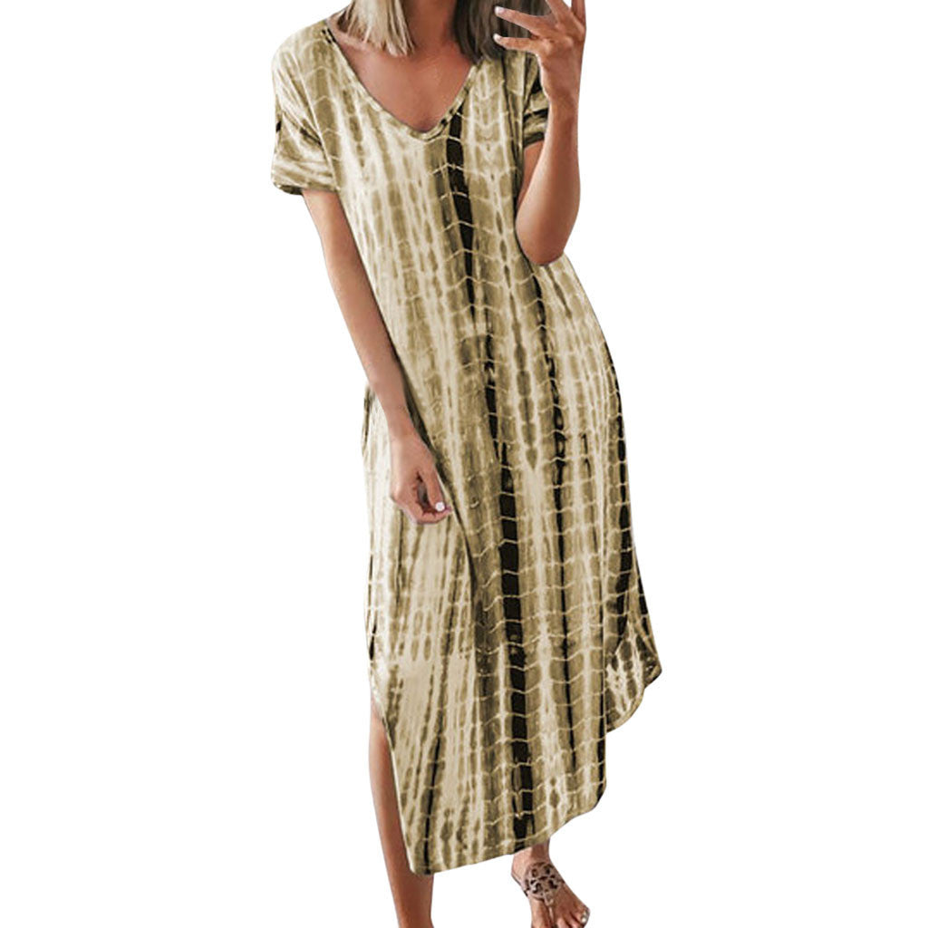 Women's Summer Printed Tie-dye Split V-neck Loose Dresses