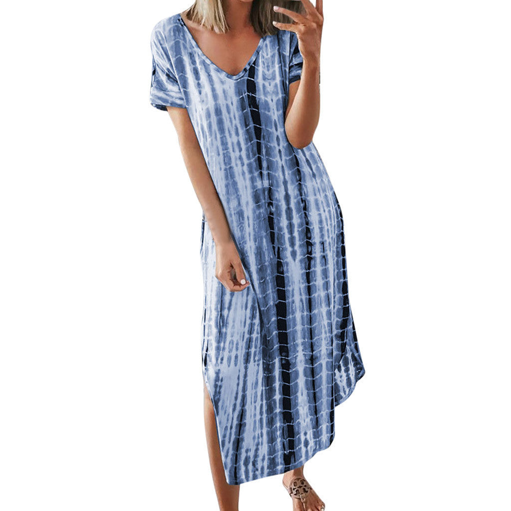 Women's Summer Printed Tie-dye Split V-neck Loose Dresses