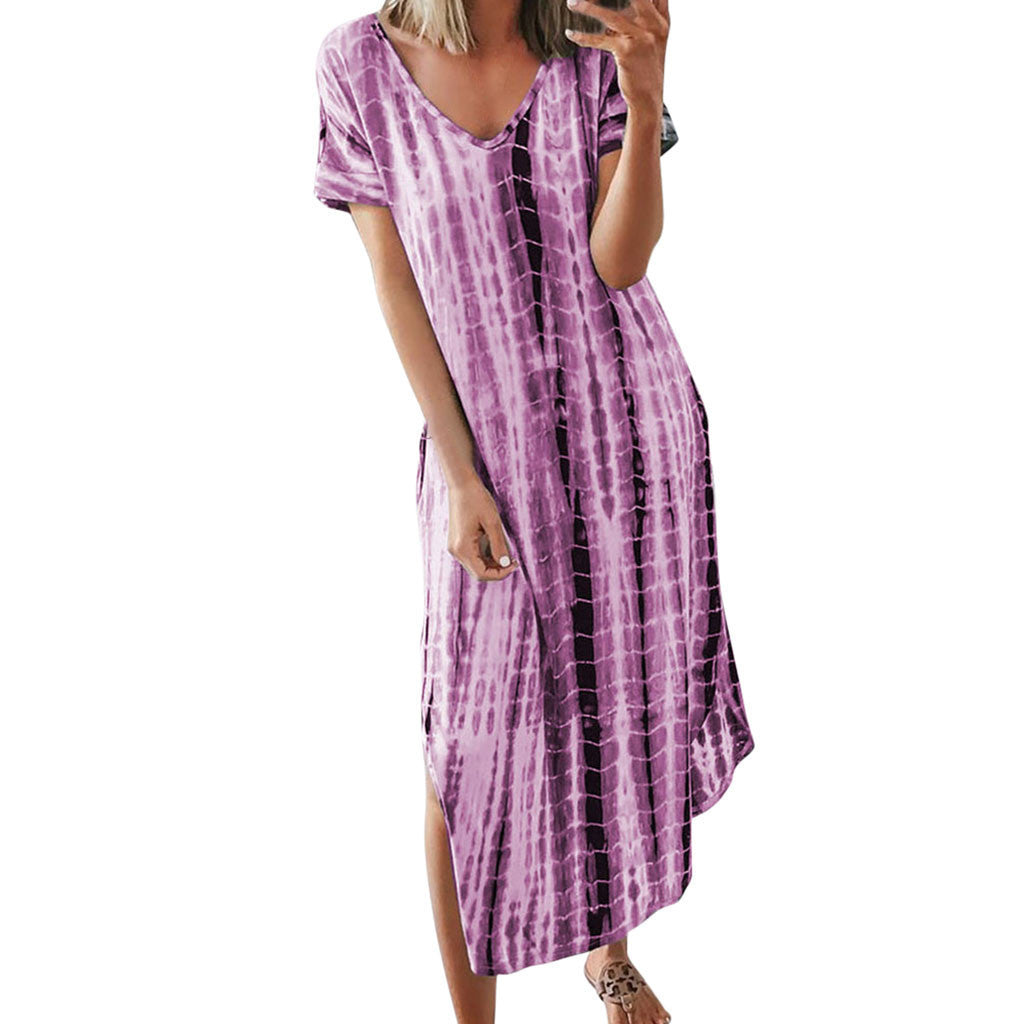 Women's Summer Printed Tie-dye Split V-neck Loose Dresses