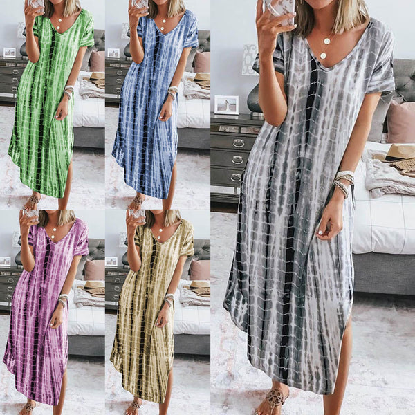 Women's Summer Printed Tie-dye Split V-neck Loose Dresses