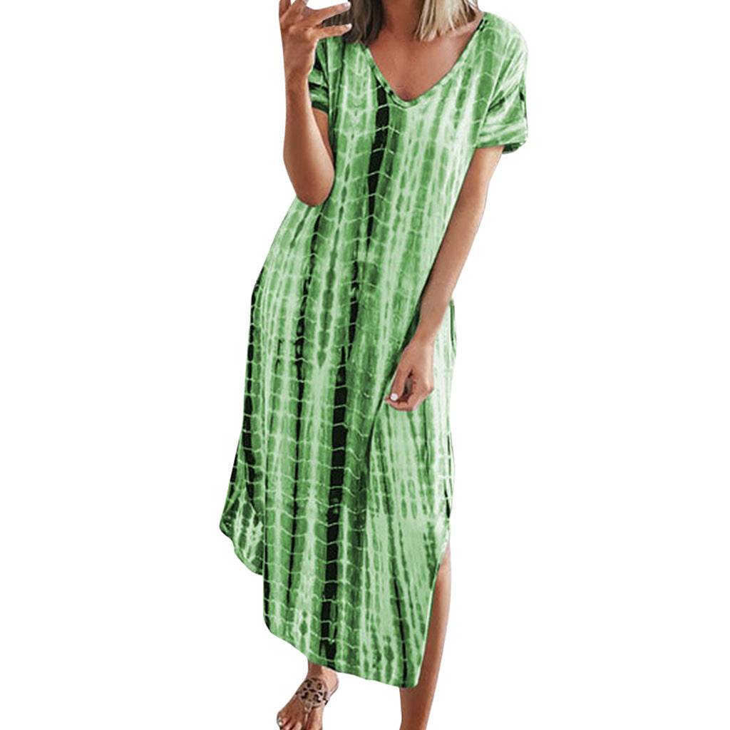 Women's Summer Printed Tie-dye Split V-neck Loose Dresses