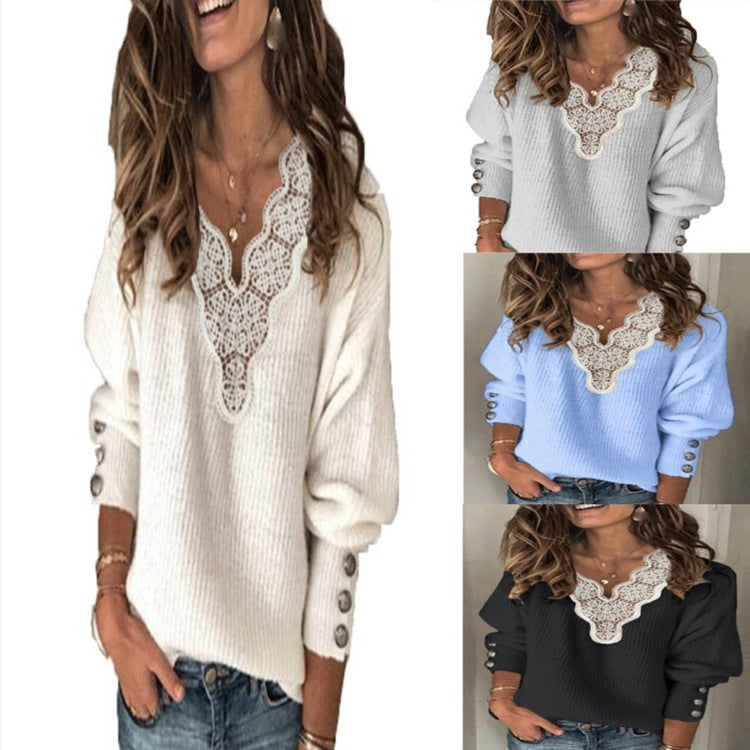 Women's Fashion Wear Solid Color Lace Loose-fitting Sweaters