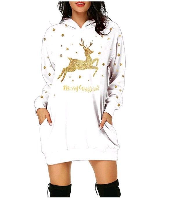 Women's Christmas Printed Mid-length Pocket Hooded Long Sweaters