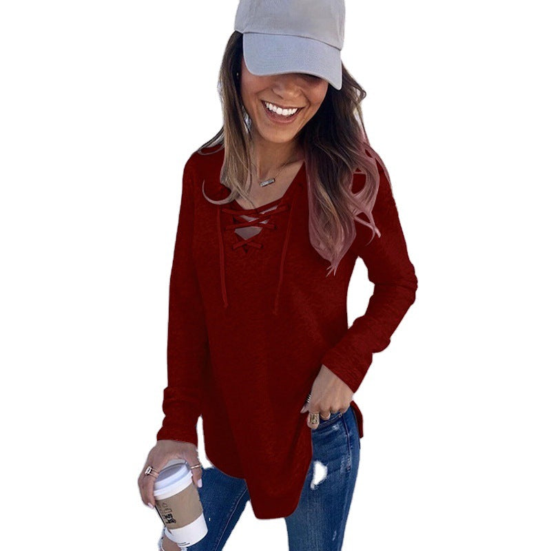 Comfortable Solid Color V-neck Loose T-shirt Tops