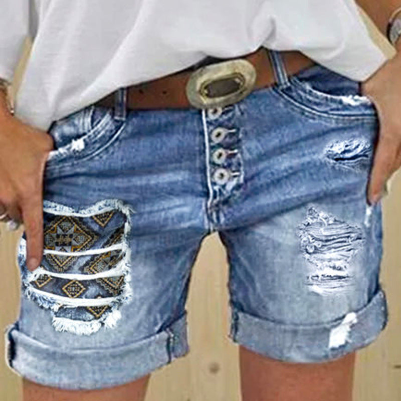 Klassische Damen-Sommer-Patchwork-Jeans mit lockerer Stickerei