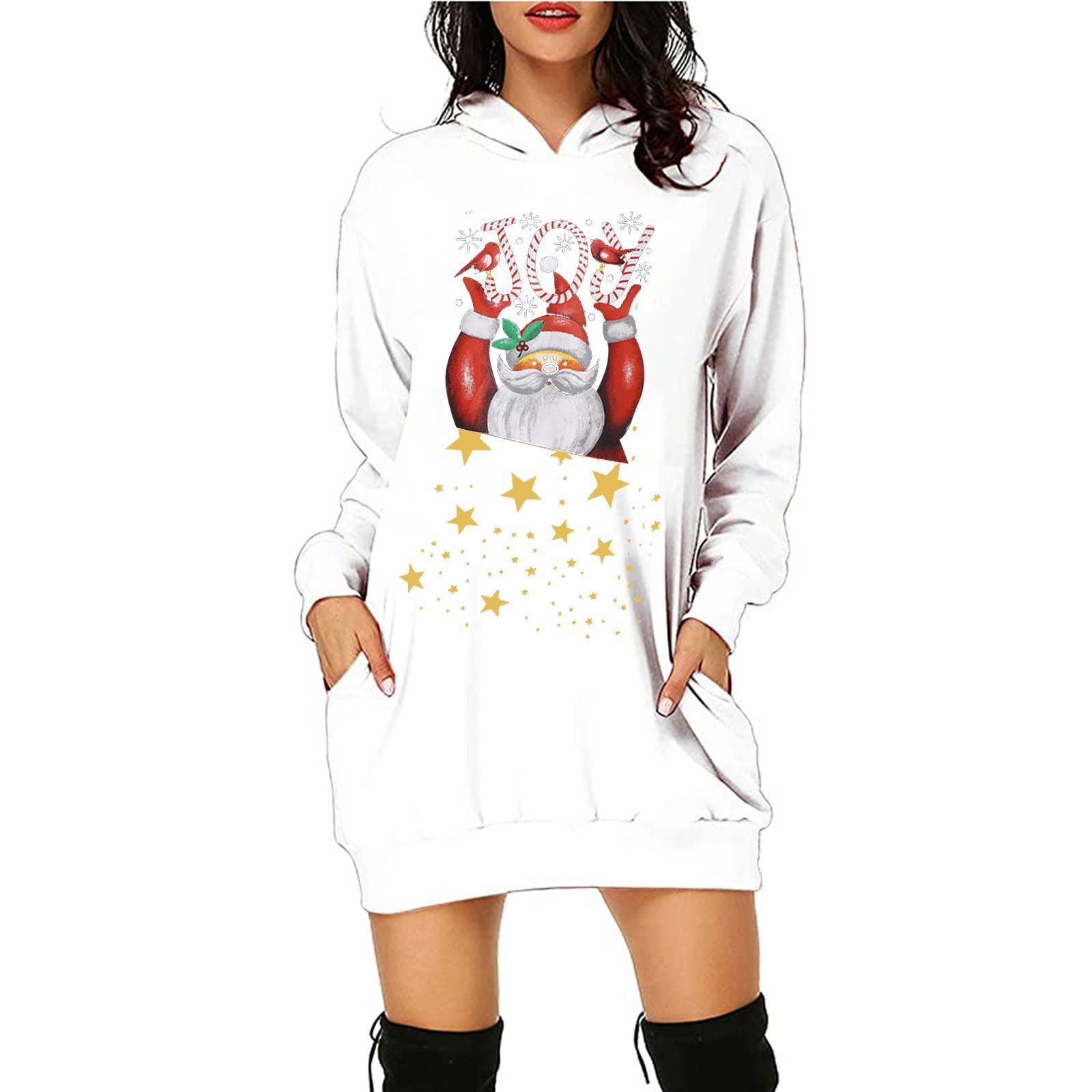 Women's Christmas Printed Mid-length Pocket Hooded Long Sweaters