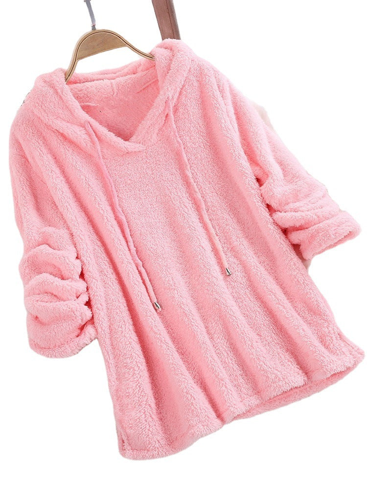 Women's Color Long Sleeve Hooded Plush Fleece Pajamas Sweaters