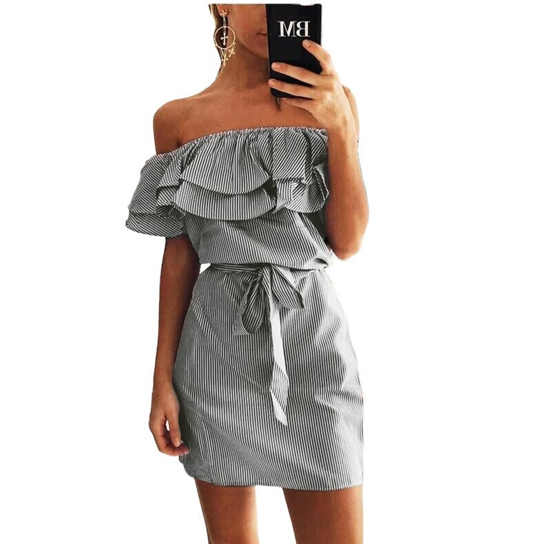 Women's Summer Ruffle Sleeve Striped Off-the-shoulder Dress Dresses