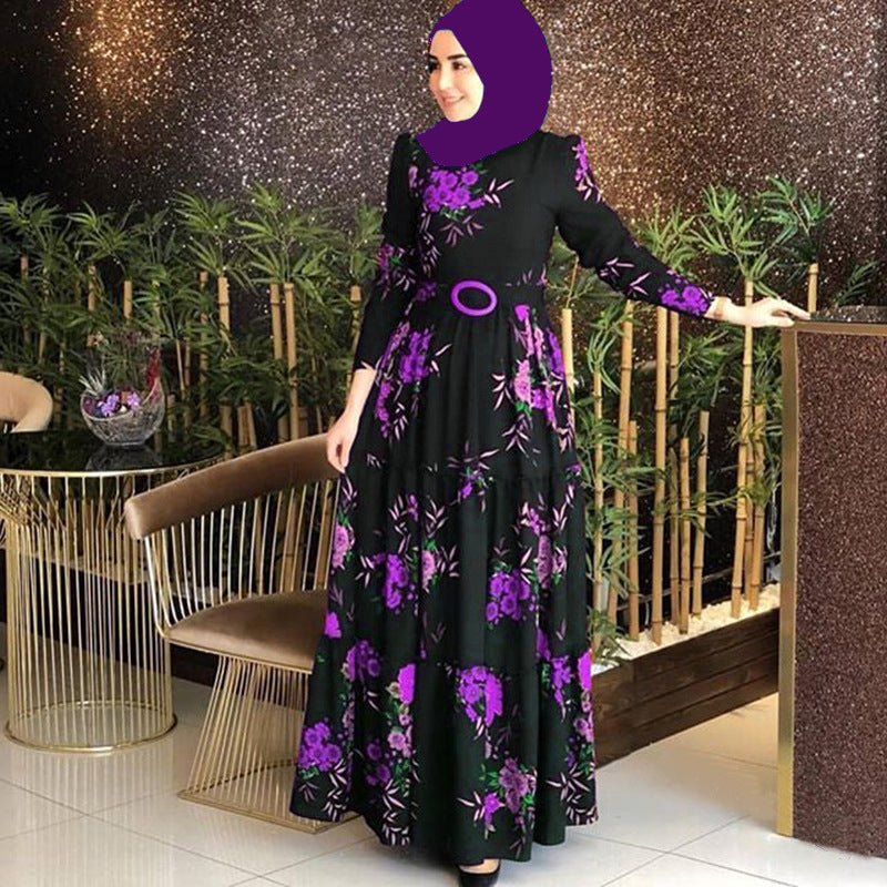 Muslim Printed Waist Lace-up Exquisite Buckle High Dresses