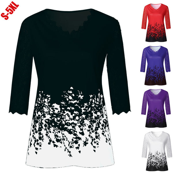 New Spring Lace V-neck Printed T-shirt Blouses