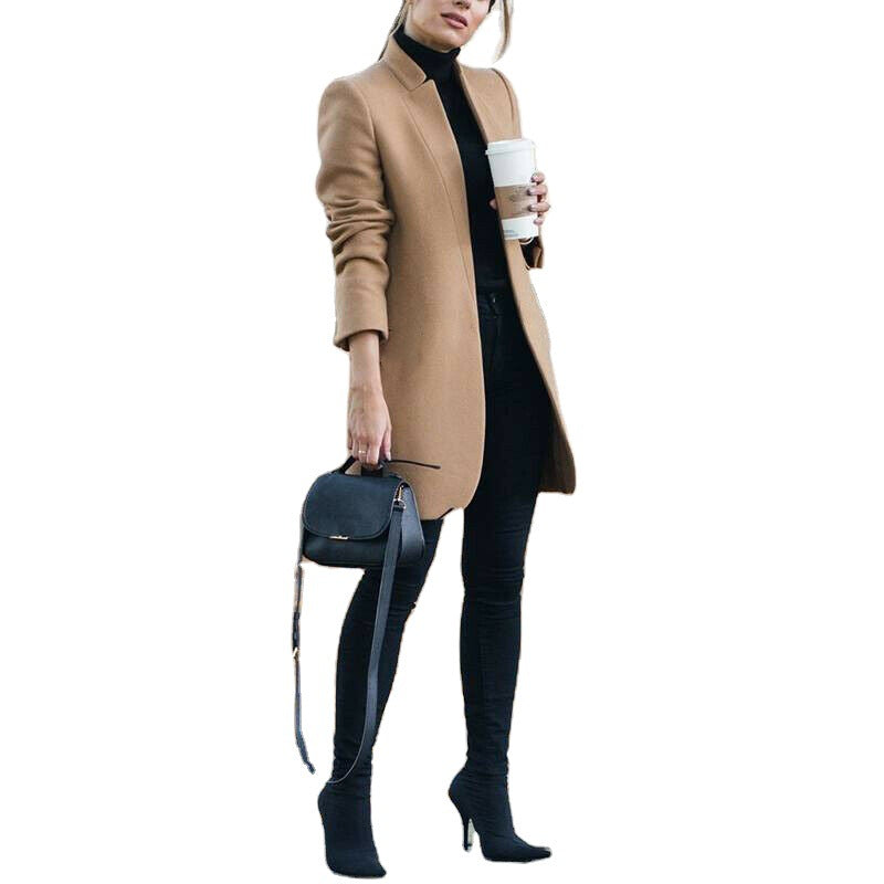 Elegant Fashion Solid Color Collar Woolen Coats