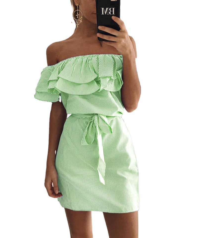 Women's Summer Ruffle Sleeve Striped Off-the-shoulder Dress Dresses