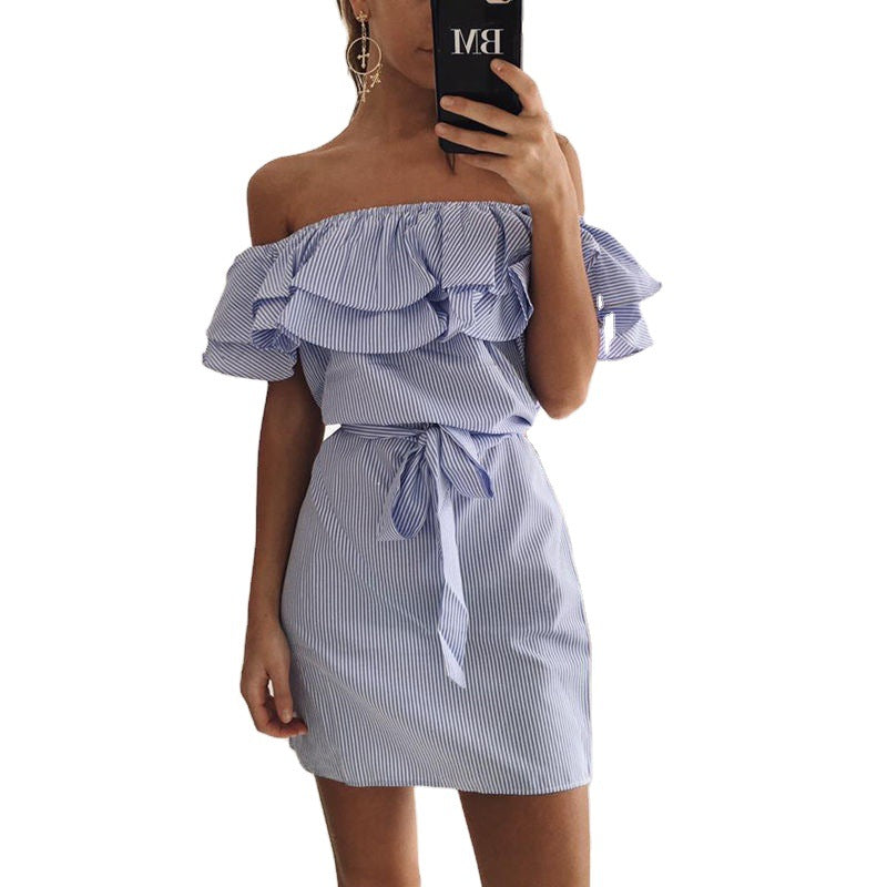 Women's Summer Ruffle Sleeve Striped Off-the-shoulder Dress Dresses