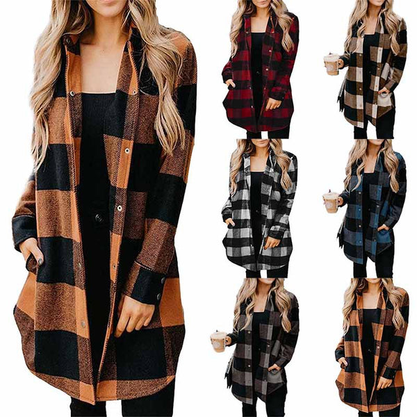 Women's Lapel Plaid Mid-length Long Sleeve Blouses