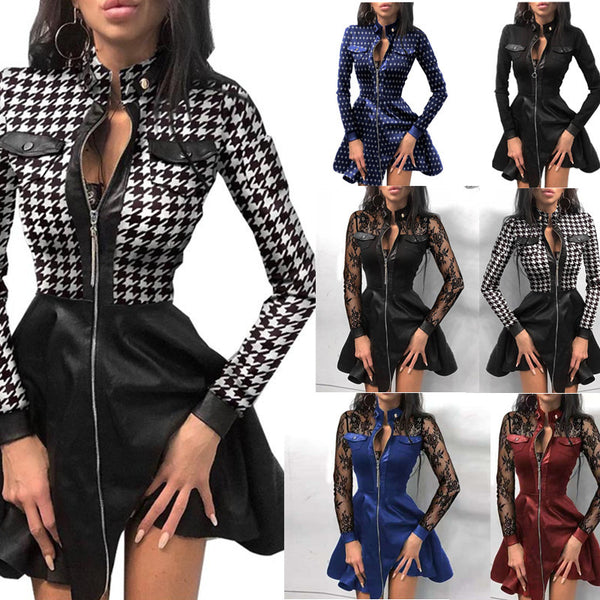 Women's Long Sleeve V-neck Zipper Pocket Dress Dresses